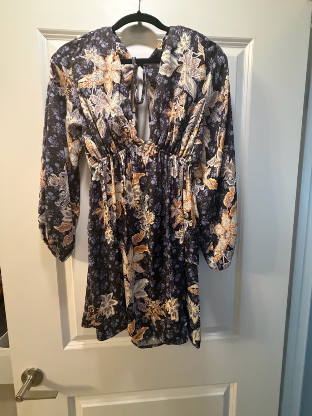 Free People Navy Floral Long-Sleeve Mini Dress with Cream Accents